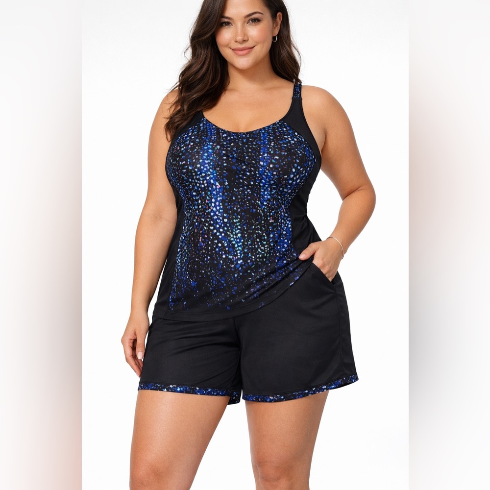 SOTHEA 2-Piece Tankini Swim Set Blue Black Print Size 16W NWT